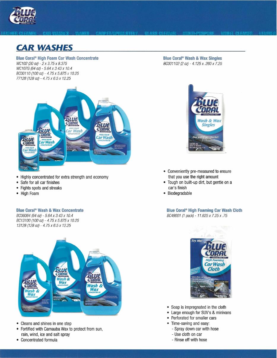 Blue Coral product catalog interior showing the car wash range